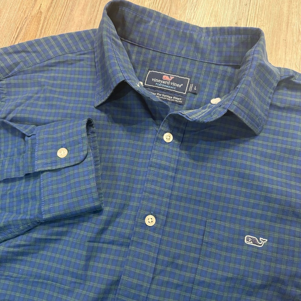 Vineyard Vines Men's Large Performance Classic Tucker Blue/Green Button Shirt